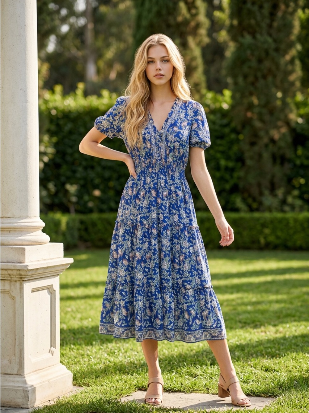SALE Max Studio Blue Floral V-Neck Smocked Midi Dress